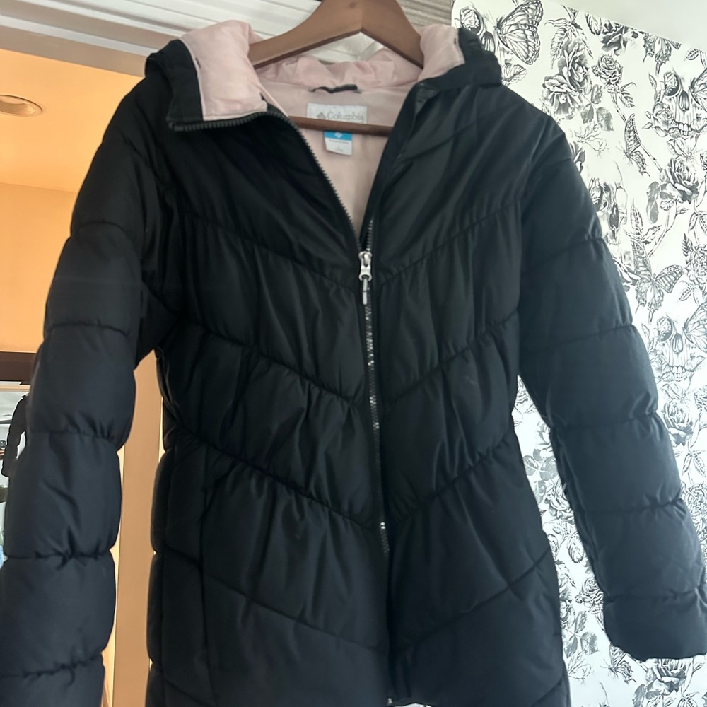 Columbia Black and Pink Hooded Puffer Jacket
